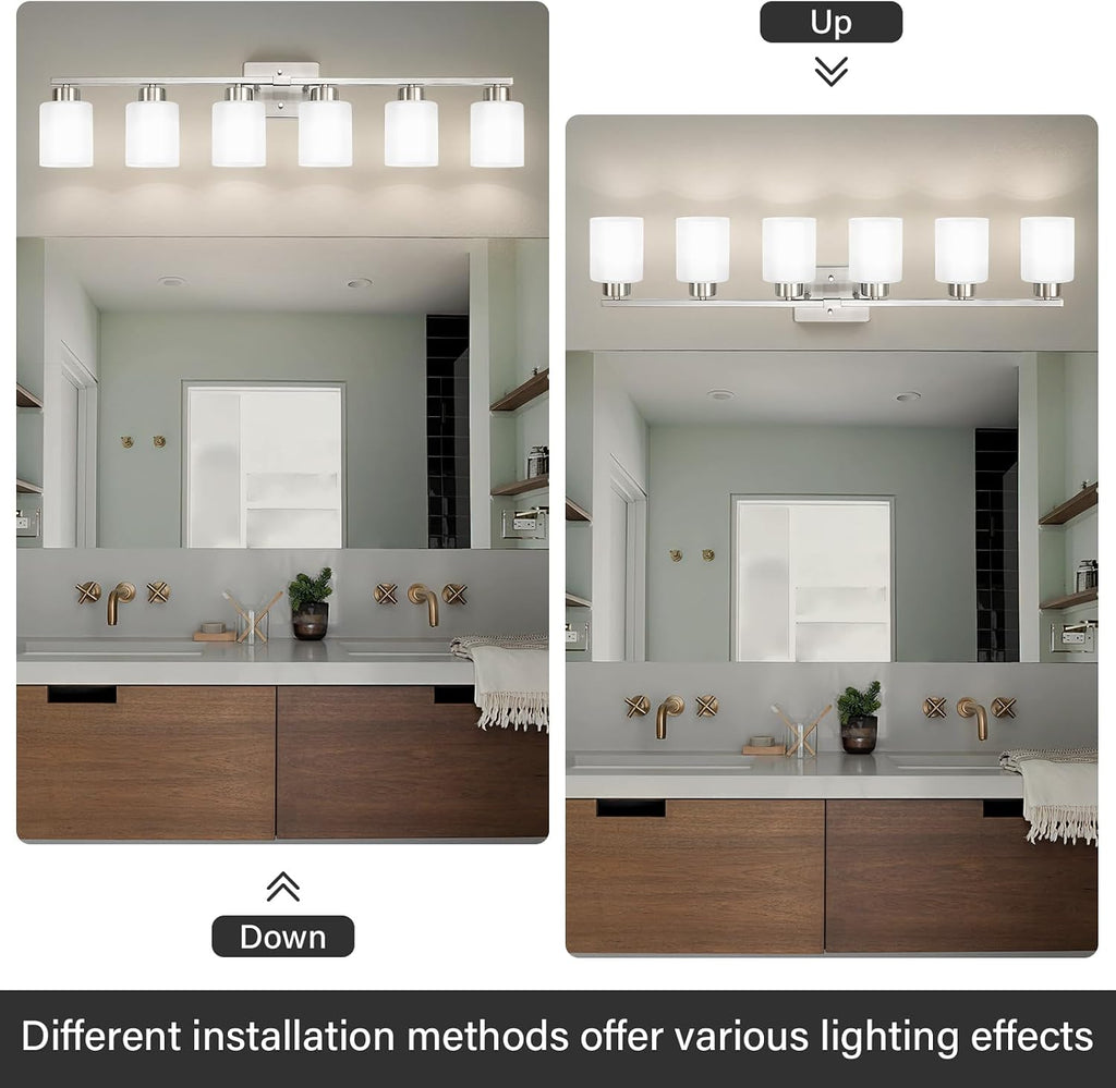 FonmYim Brushed Nickel Bathroom Light Fixtures, 6-Light Modern Vanity Light Over Mirror, Wall Sconces with Milky White Frosted Glass Shades, E26 Socket (Bulbs Not Included)