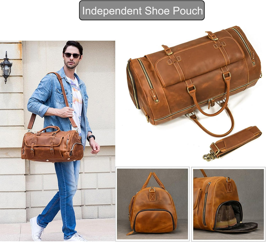 LUUFAN Full-grain Genuine Leather Travel Bag Large Capacity Duffel Luggage Bag with Shoe Compartment, Men Women Shoulder Bag for Weekend Holiday Business Trip, Light Brown