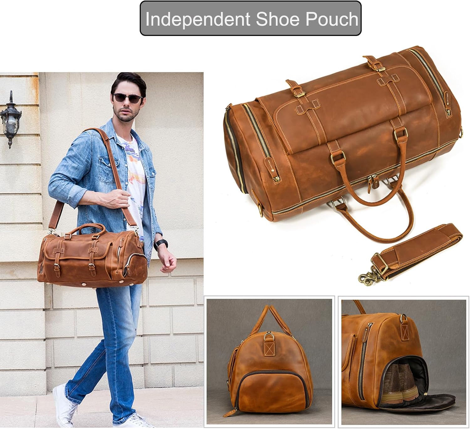 LUUFAN Full-grain Genuine Leather Travel Bag Large Capacity Duffel Luggage Bag with Shoe Compartment, Men Women Shoulder Bag for Weekend Holiday Business Trip, Light Brown