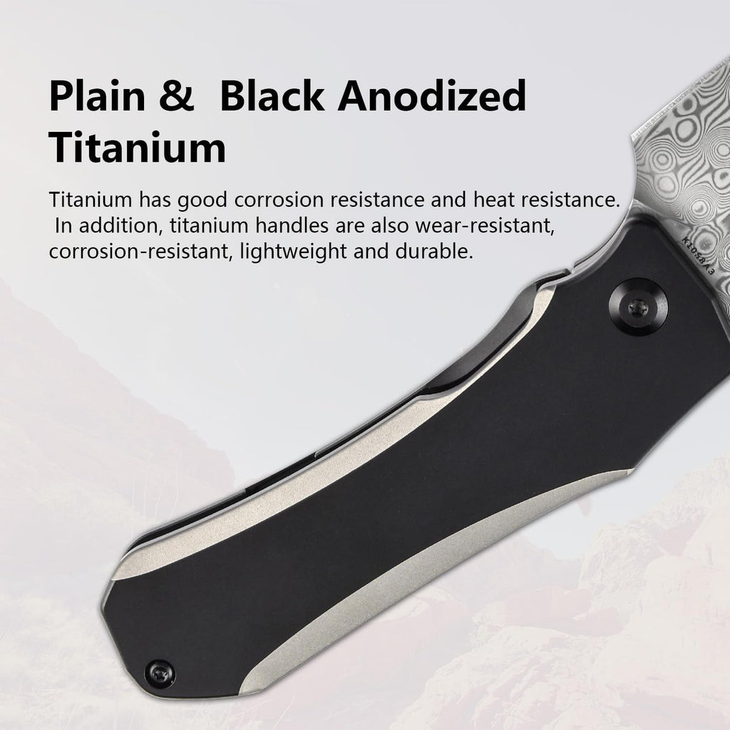KANSEPT Loki Pocket Folding Knives for Men EDC Camping Folding Knife 2.99'' Damascus Blade Material Pocke Knife with Plain & Black Anodized Titanium Handle Everyday Carry K1058A3