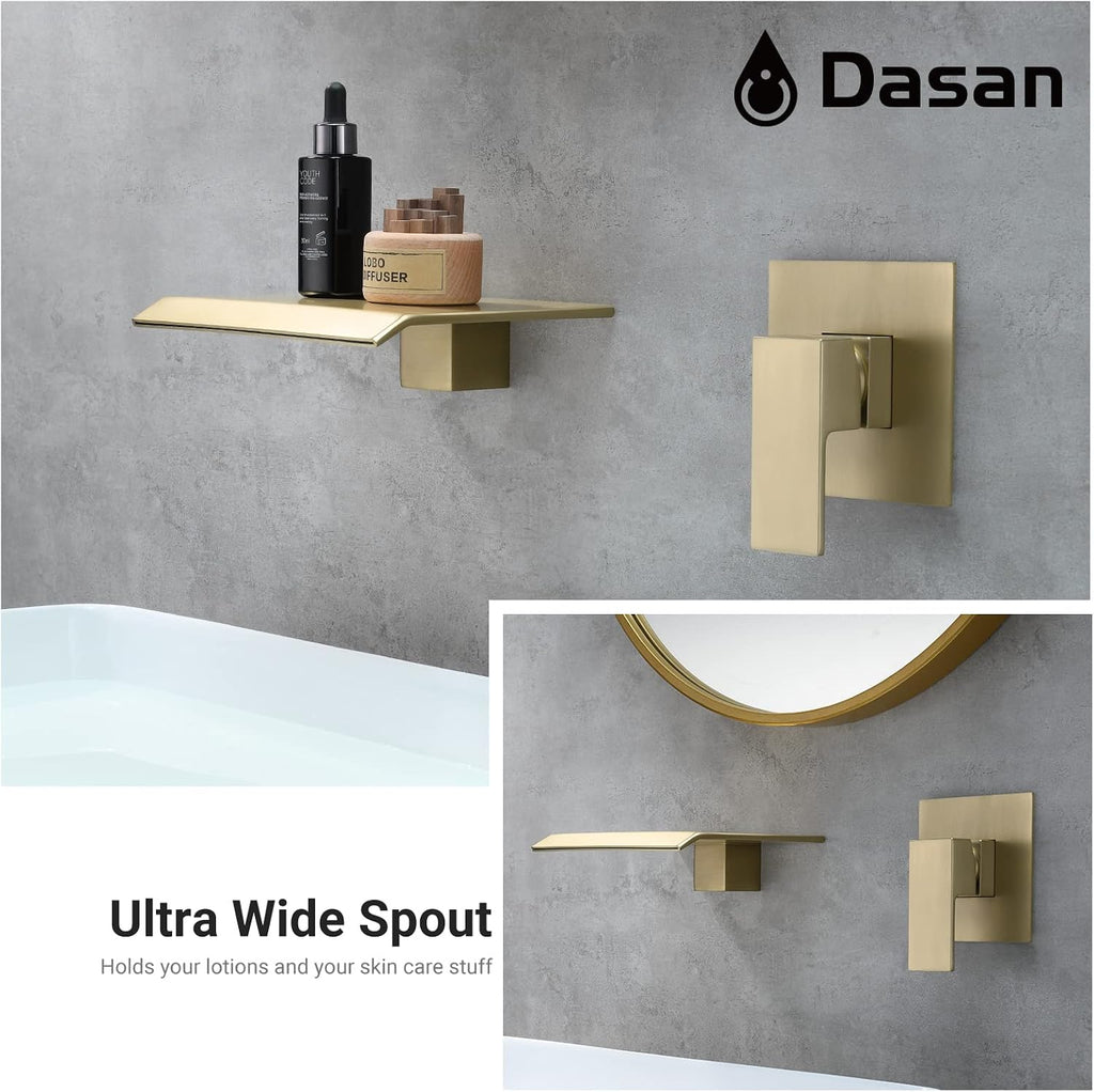 DASAN Wall Mount Waterfall Bathroom Faucet Brushed Gold in Wall Sink Faucet, Single Handle Wall Mounted Modern Faucet for Bathroom with Upgraded Rough in Valve, DA-TFD3BG-NH