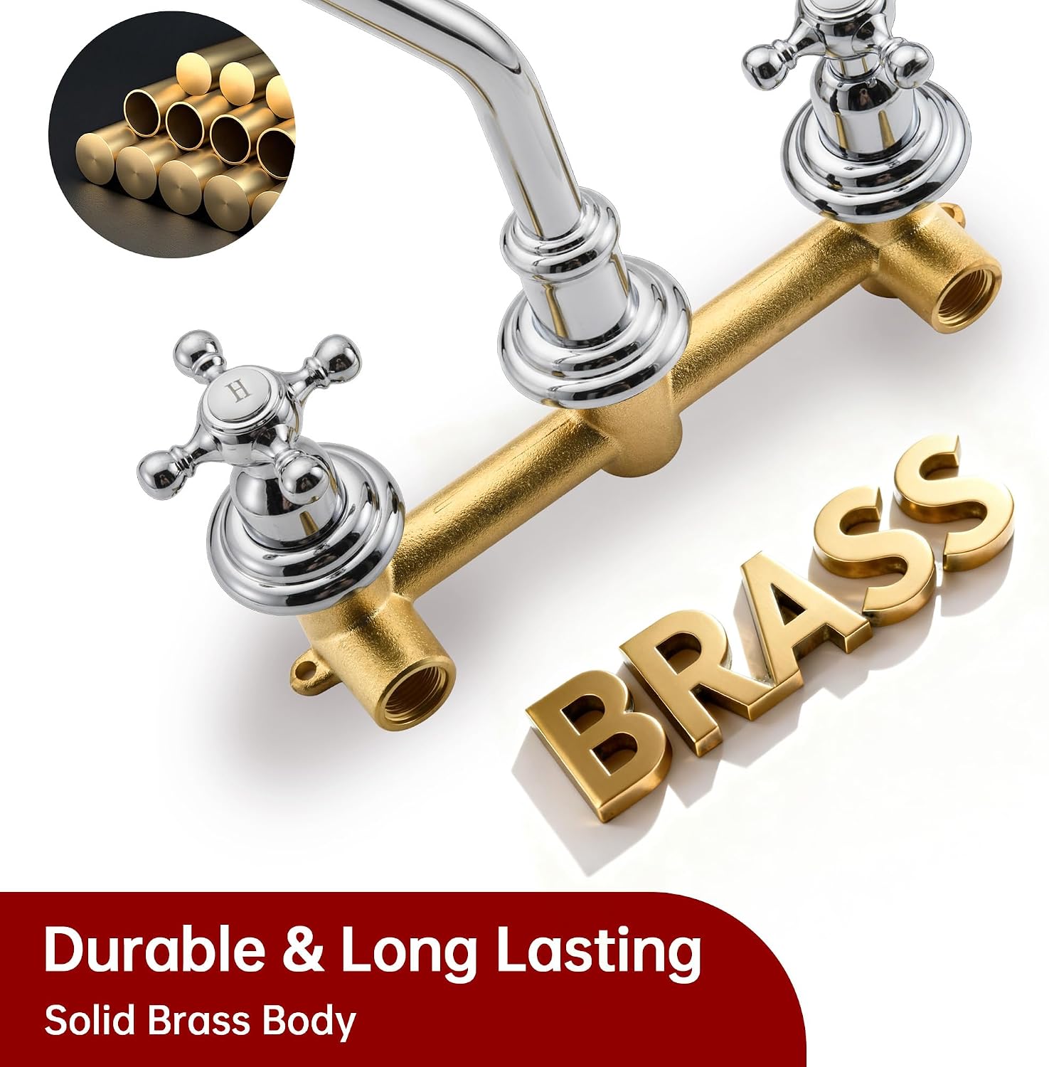SUMERAIN Wall Mount Vintage Bathroom Vessel Sink Faucet,3 Holes Cross Knobs Brass Lavatory Basin Faucet, Chrome Finish with Included Rough-in Valve