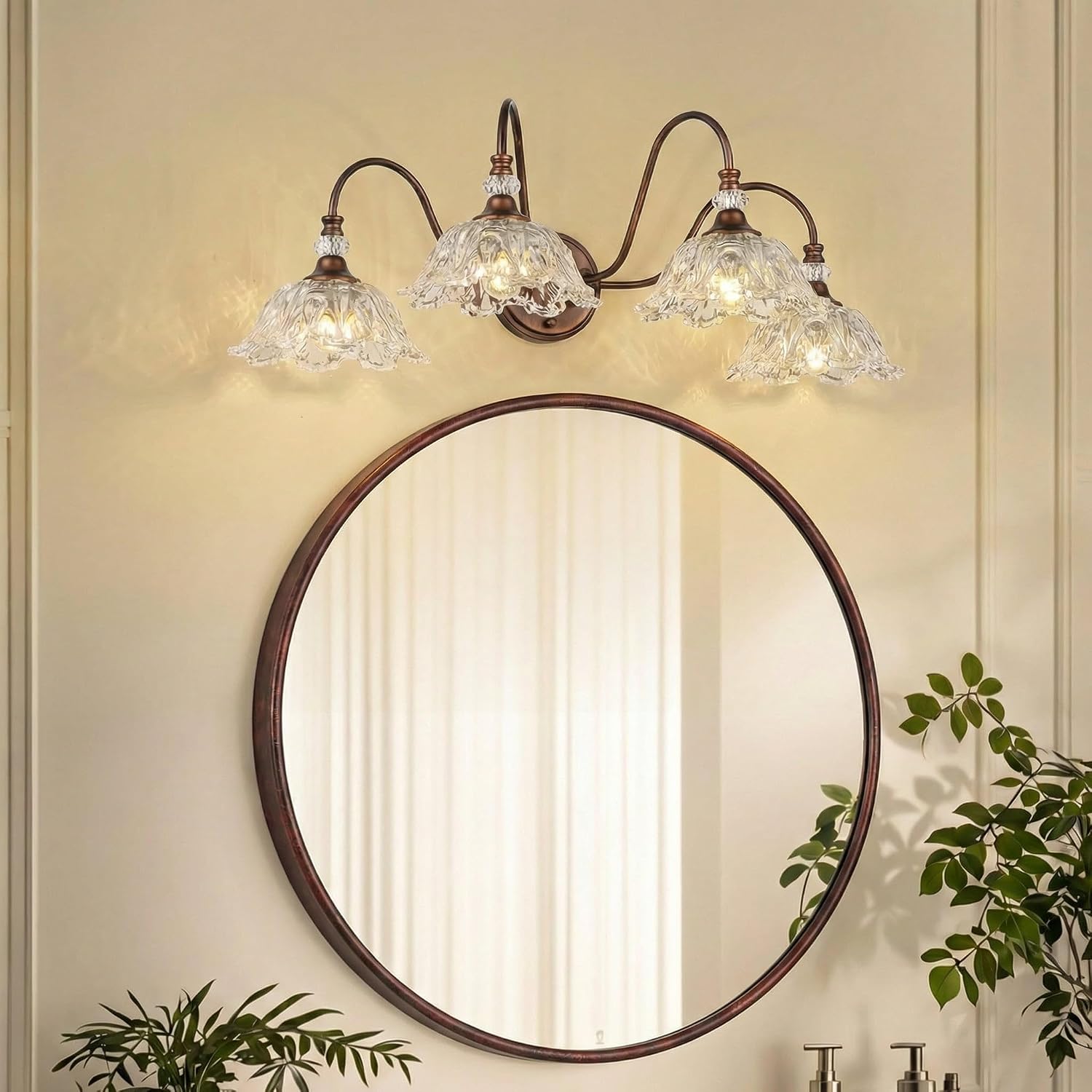 Antique Red Bronze Finish Bathroom Vanity Light, 4-Light Vintage Vanity Light with Floral Clear Glass Shades, Retro Wall Mount Lighting for Bathroom, Dressing Table