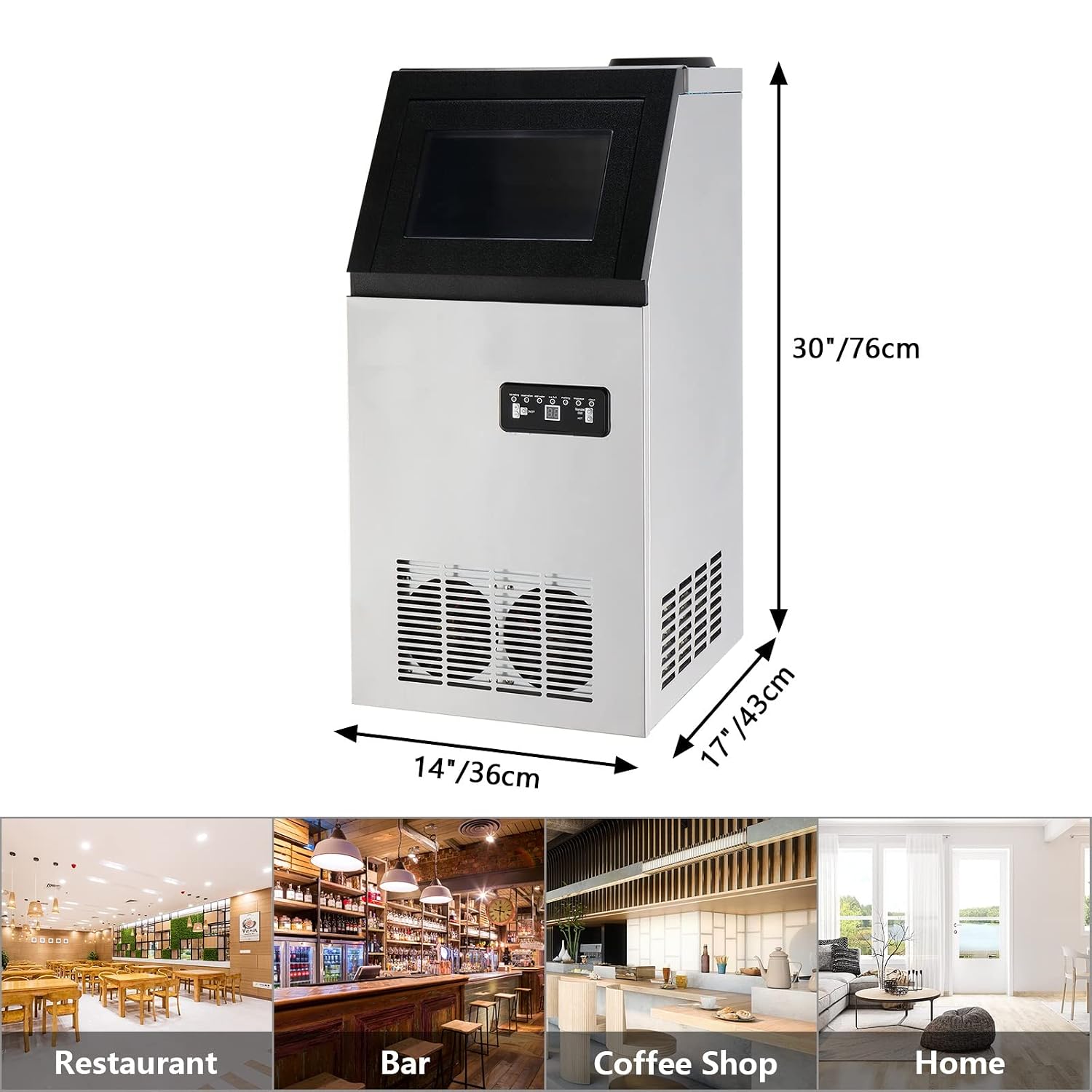 Bonnlo 110LBS/24H Freestanding Commercial Ice Maker Machine, 24lbs Storage Bin, Ice Machine for Restaurant Bar Cafe Home Office, Includes Scoop & Connection Hose