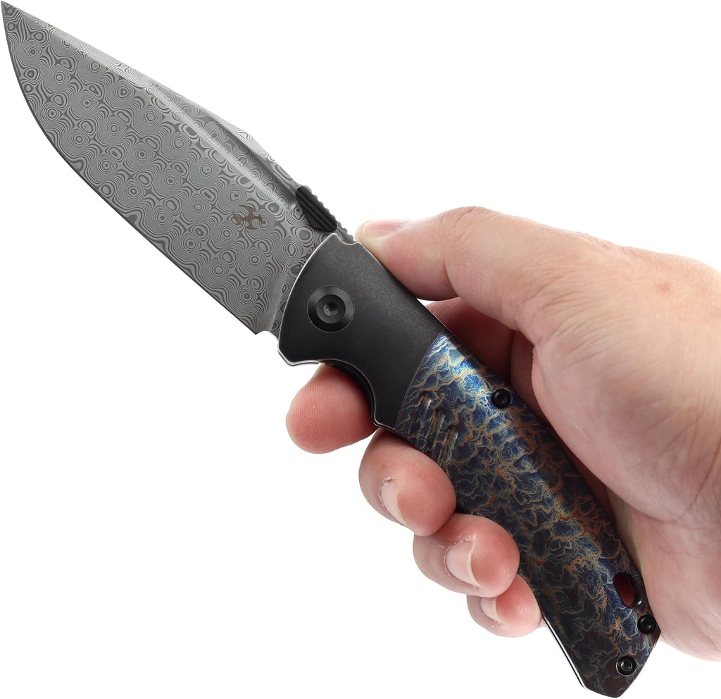 KANSEPT Hinterlan Pocket Folding Knives for Men EDC Camping Folding Knife 3.58'' Damascus Blade with Blackwash Titanium Lightning Strike Finished Titanium Inlay Handle Everyday Carry K1057A6