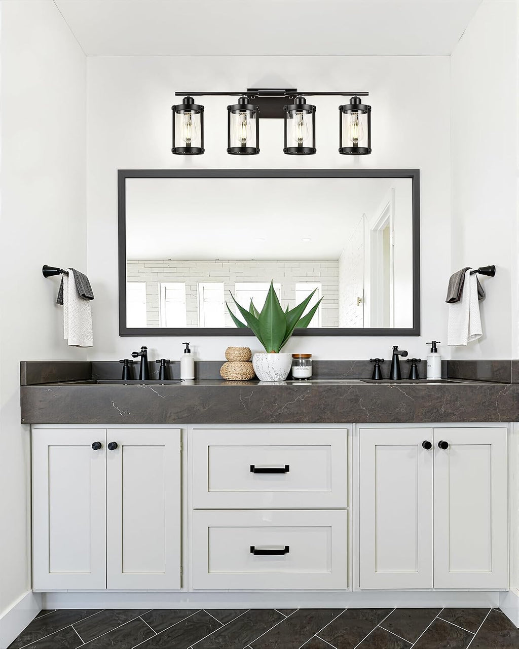 4-Light Black Bathroom Light Fixtures, 29 Inch Modern Bathroom Vanity Lighting Fixtures Over Mirror with Clear Glass and Metal Cage Wall Sconce Lights for Bath, E26, OS-3014BK-4W