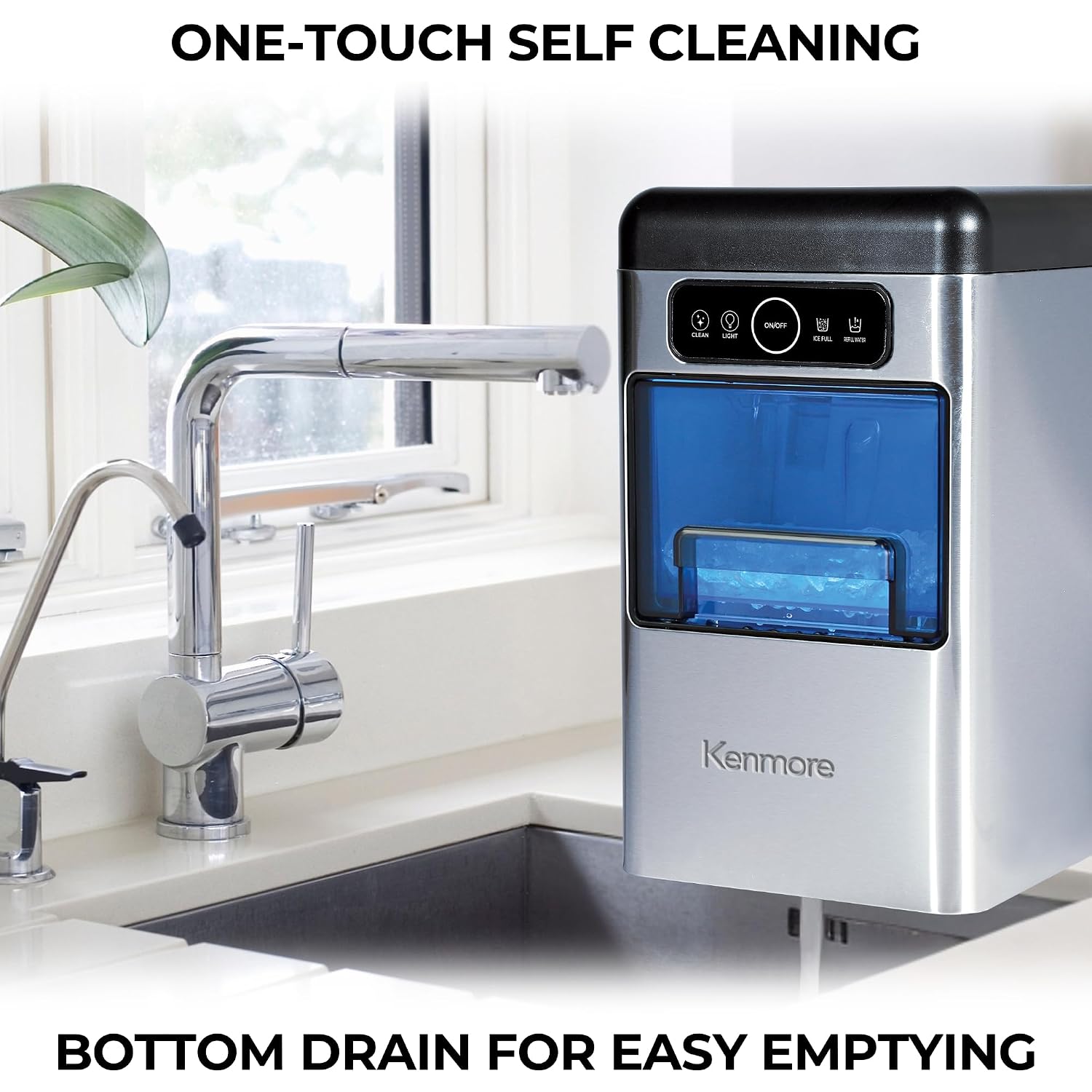Kenmore Countertop Ice Maker Nugget Machine – Portable Self-Cleaning Máquina de Hacer Hielo para Casa, Crunchy Chewable Pebble Ice, 40lb/24hr Capacity, Stainless Steel