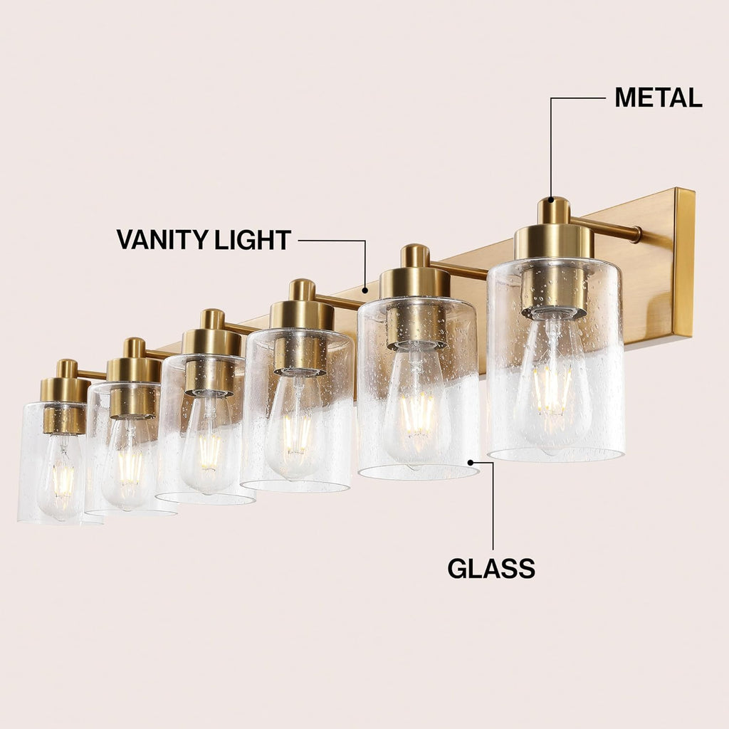 JONATHAN Y 40' Brass Gold/Clear 6-Light Modern LED Vanity Light for Bathroom Mirror, Mid-Century Wall Sconce with Clear Seeded Glass Shades, Contemporary Iron Fixture, LED Bulbs (JYL7621D)