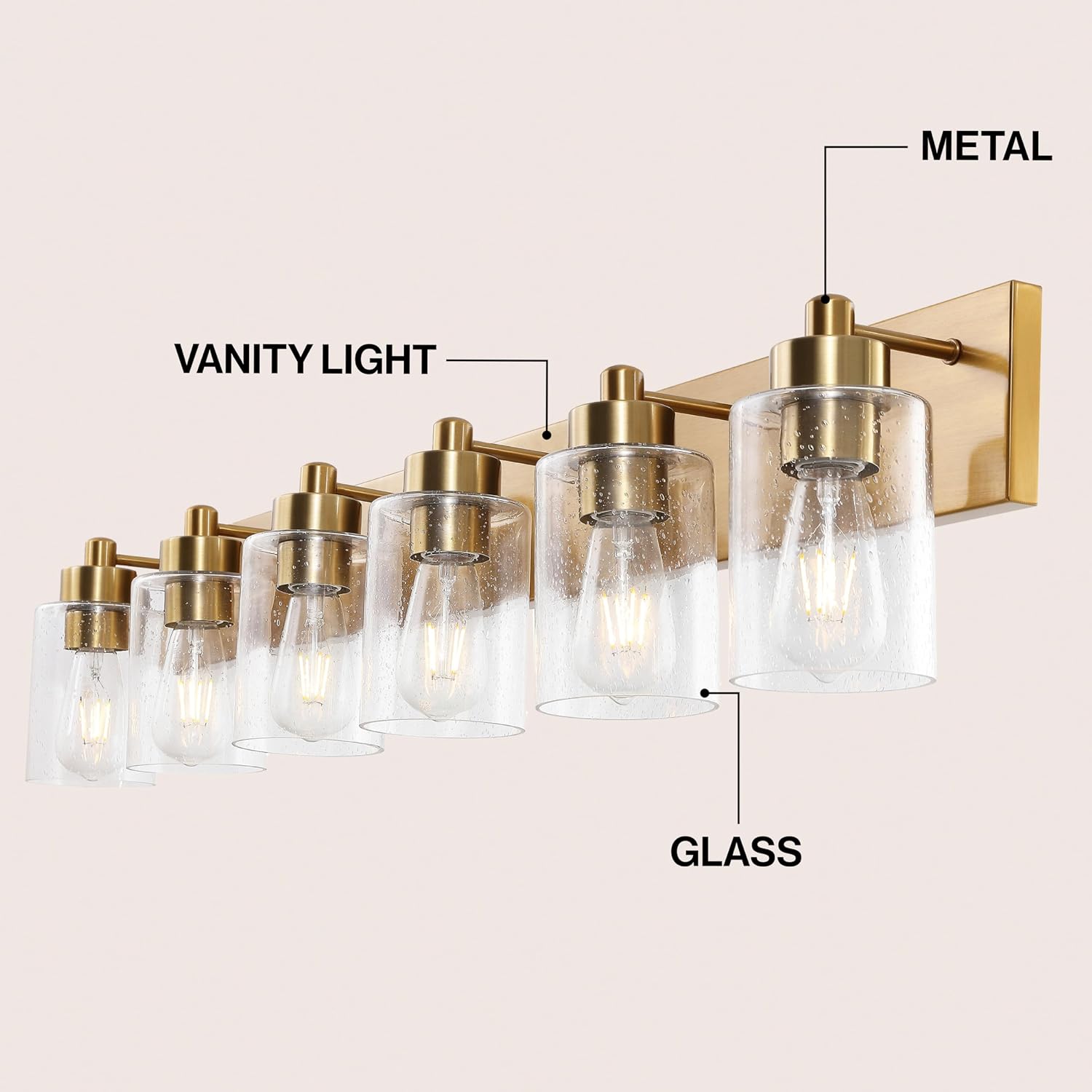 JONATHAN Y 40' Brass Gold/Clear 6-Light Modern LED Vanity Light for Bathroom Mirror, Mid-Century Wall Sconce with Clear Seeded Glass Shades, Contemporary Iron Fixture, LED Bulbs (JYL7621D)