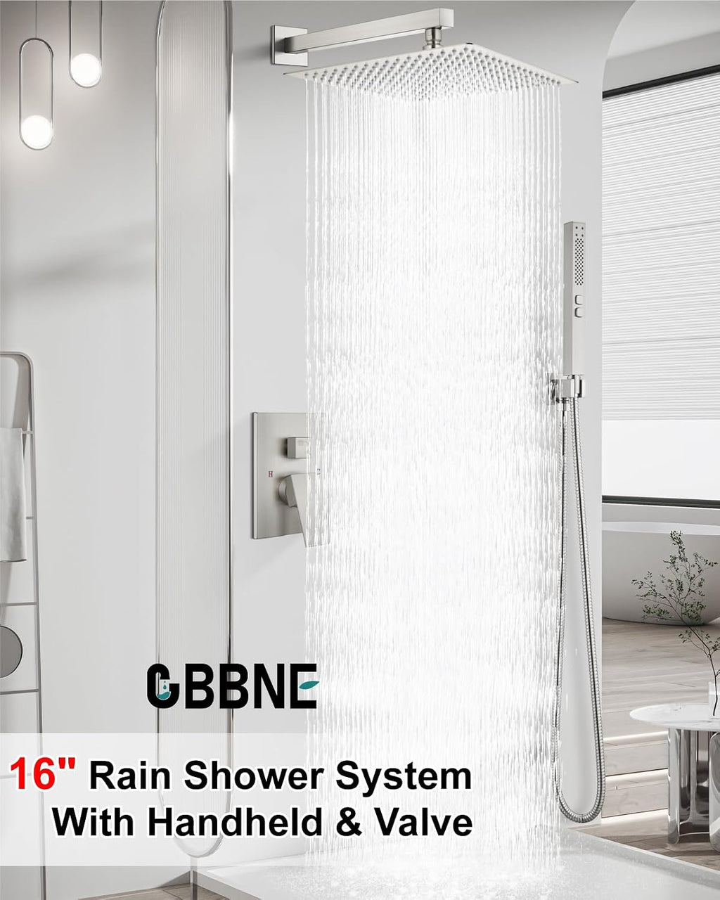 Shower Faucet Set Rainfall Shower System with Square Showerhead and Handle Set Fixture with 2 in 1 Function Handheld Sprayer Wall Mounted Trim Repair Kit Rough-in Valve 16 Inch Brushed Nickel