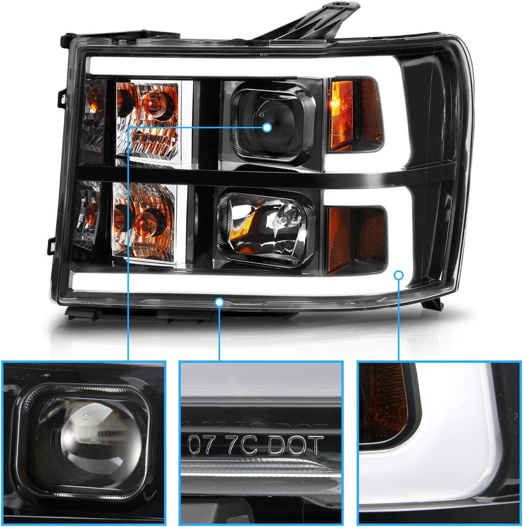 AmeriLite for 2007-2014 GMC Sierra 1500 2500 3500 Dual C-Type LED Tube Square Projector Black Replacement Headlight Pair - Passenger and Driver Side