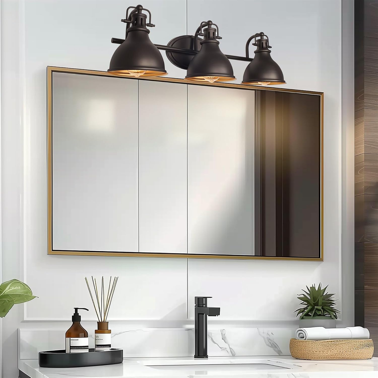 Kira Home Beacon 27' 3-Light Industrial Bathroom Vanity Light with Brass Interior Shades, Modern Farmhouse Wall Sconce, Oil Rubbed Bronze Finish