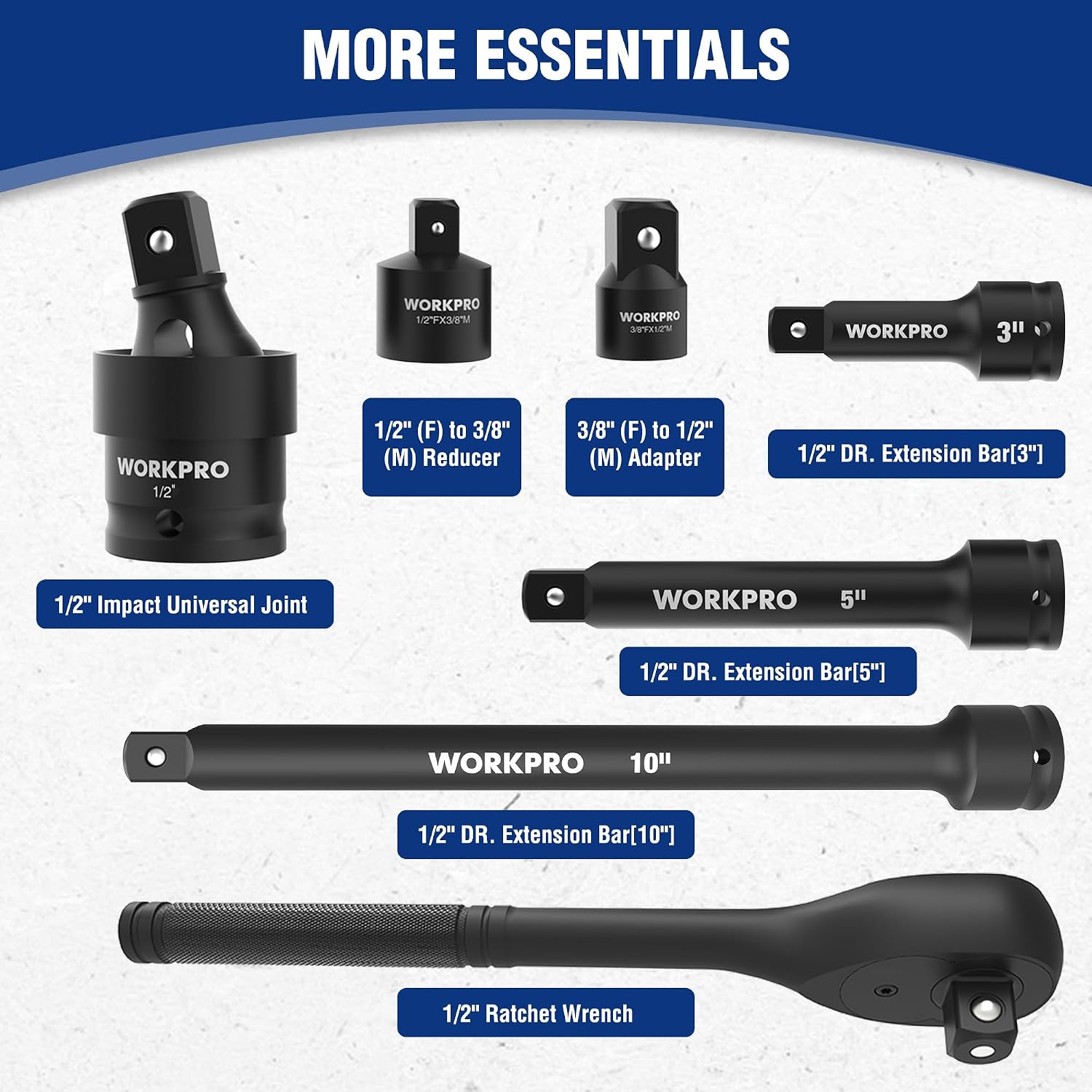 WORKPRO 1/2' Drive Impact Socket Set, 65PCS SAE(3/8'-1-1/4') and Metric(10-24mm) Deep & Shallow Kit, Ratchet Handle, Extension Bar, Impact Universal Joint and Adapters for Automotive Repair