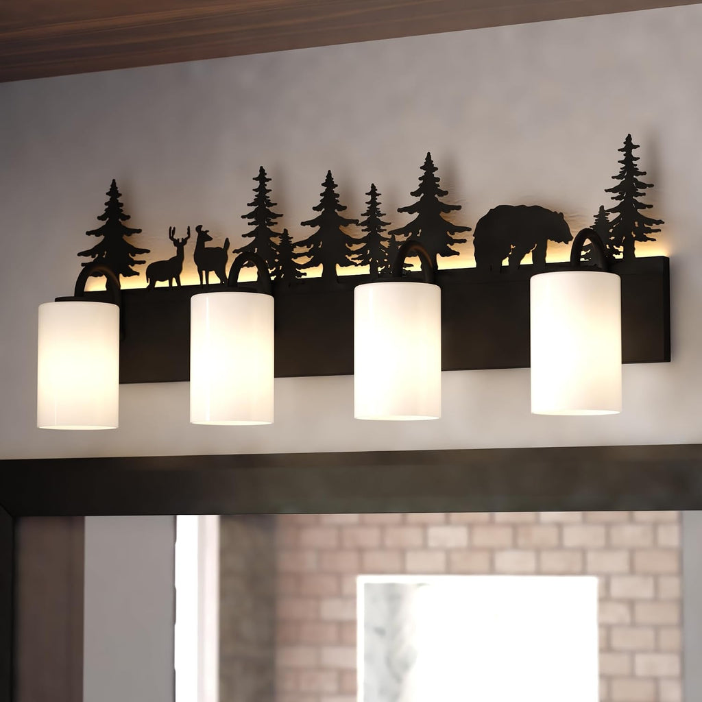 VAXCEL Acadia 4-Light 31.5 in. Wide Bronze Rustic Wildlife Bathroom Vanity Lighting Fixture with Nightlight, Frosted White Glass Shade, Dimmable, Over the Mirror Mounted Steel Wall Sconce