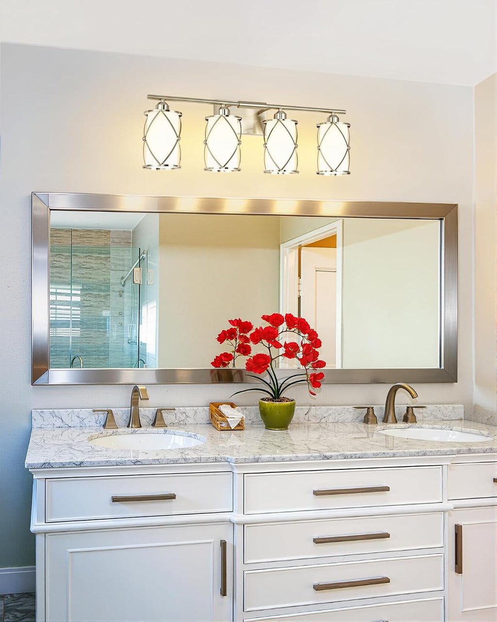 4-Light Brushed Nickel Bathroom Light Fixtures with Milk Frosted Glass, 29' Modern Bathroom Vanity Lighting Fixtures Over Mirror with Metal Cage, Wall Sconce Lights for Bath, E26, CH9176BNW-4W