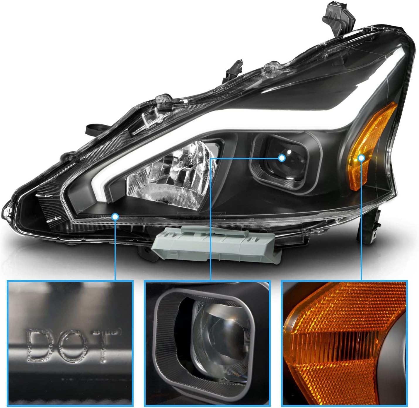 AmeriLite for 2013-2015 Nissan Altima 4 Door Sedan LED Tube Black Square Projector Headlights Set - Passenger and Driver Side