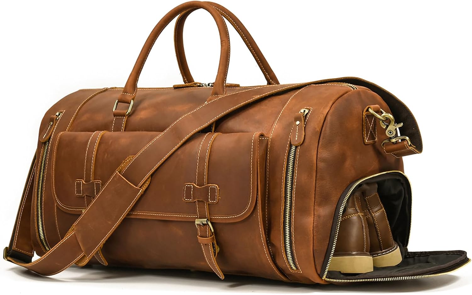 LUUFAN Full-grain Genuine Leather Travel Bag Large Capacity Duffel Luggage Bag with Shoe Compartment, Men Women Shoulder Bag for Weekend Holiday Business Trip, Light Brown