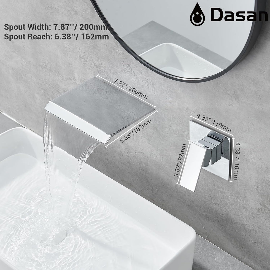 DASAN Wall Mount Waterfall Bathroom Faucet Polished Chrome in Wall Sink Faucet, Single Handle Wall Mounted Modern Faucet for Bathroom with Upgraded Rough in Valve, DA-TFD3CH-NH
