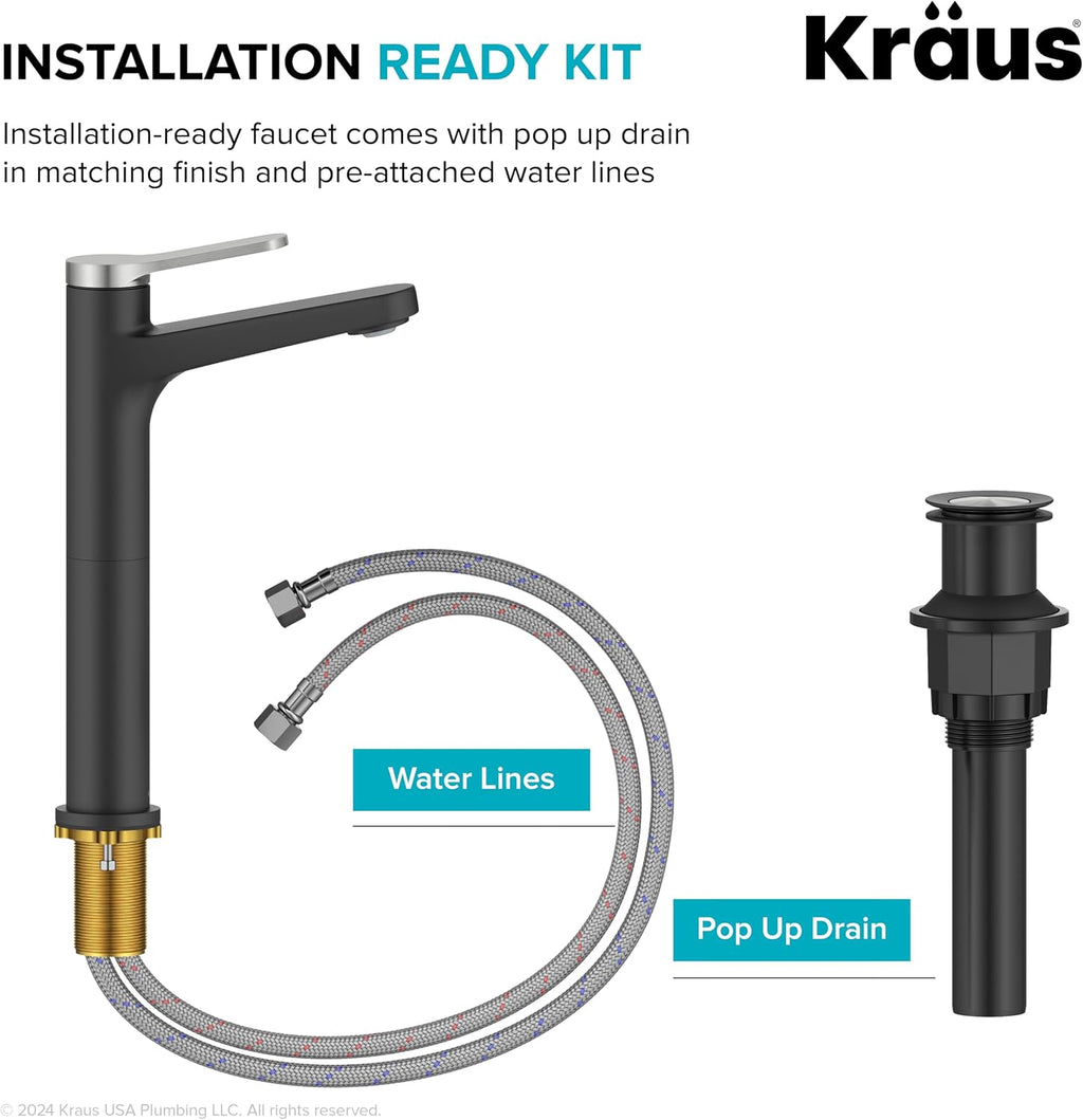 KRAUS Indy Bathroom Faucet for Vessel Sink in Spot-Free Brushed Nickel/Matte Black with Single Handle, Pop Up Drain and Supply Lines, KVF-1410SFBNMB