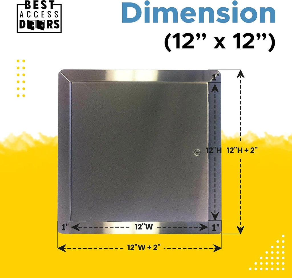 Best 12' x 12' Universal Access Panel with Flange, 16-Gauge 304 Stainless Steel Access Door for Non-Rated Wall/Ceiling, LEED Compliant Panel with Hidden Pin Hinge, Screwdriver Latch, BA-UAP-SS-FBA