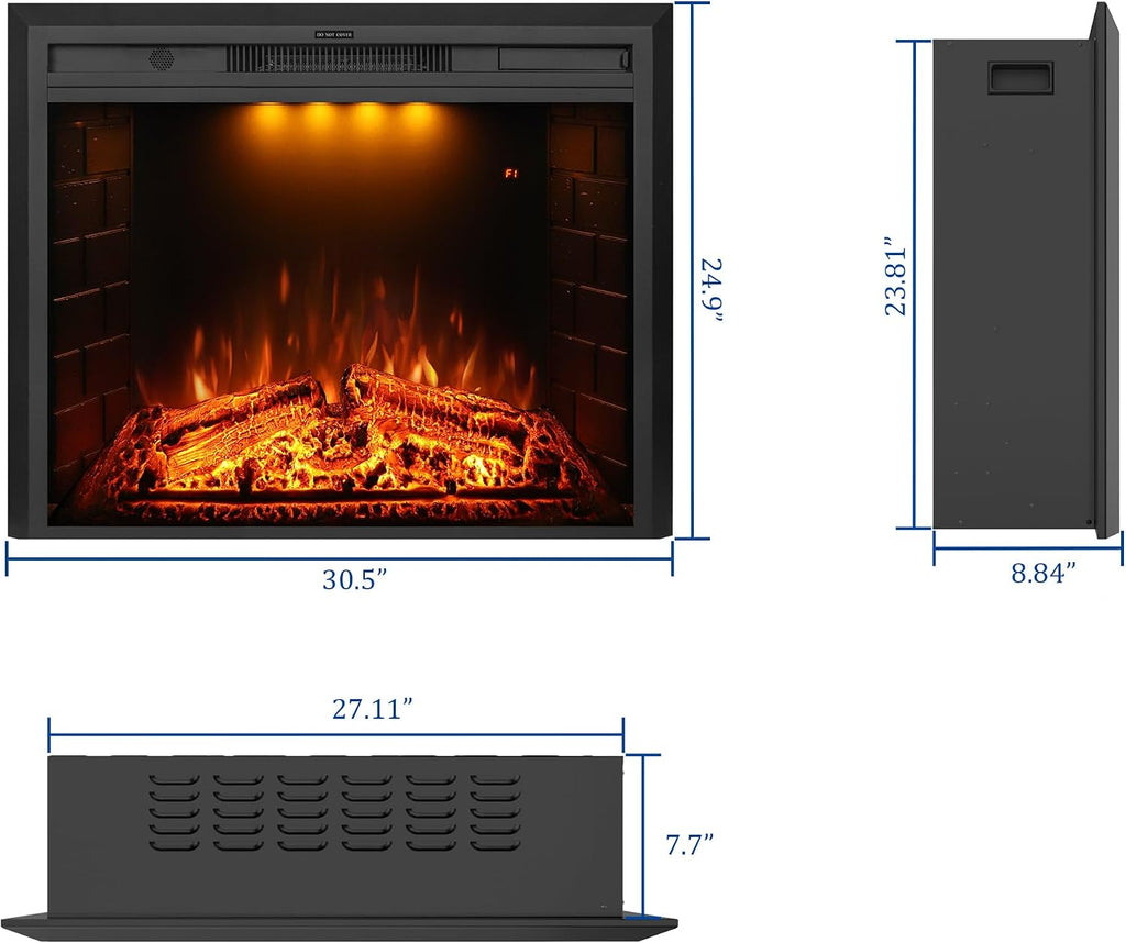 30 inch Electric Fireplace, Wall Fireplace Electric with Remote Control, Realistic Log and Crackling Sound, Overheating Protection and Timer, 750/1500W Black