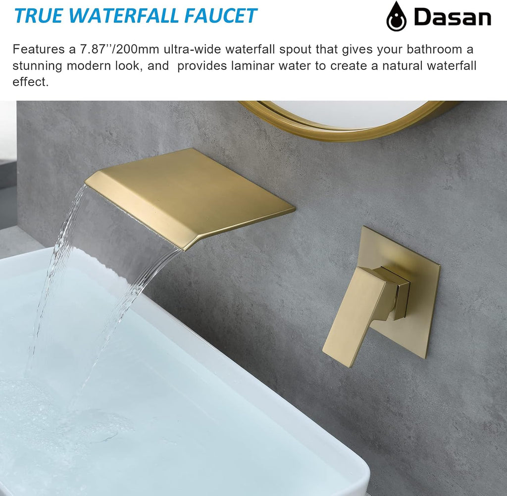 DASAN Wall Mount Waterfall Bathroom Faucet Brushed Gold in Wall Sink Faucet, Single Handle Wall Mounted Modern Faucet for Bathroom with Upgraded Rough in Valve, DA-TFD3BG-NH