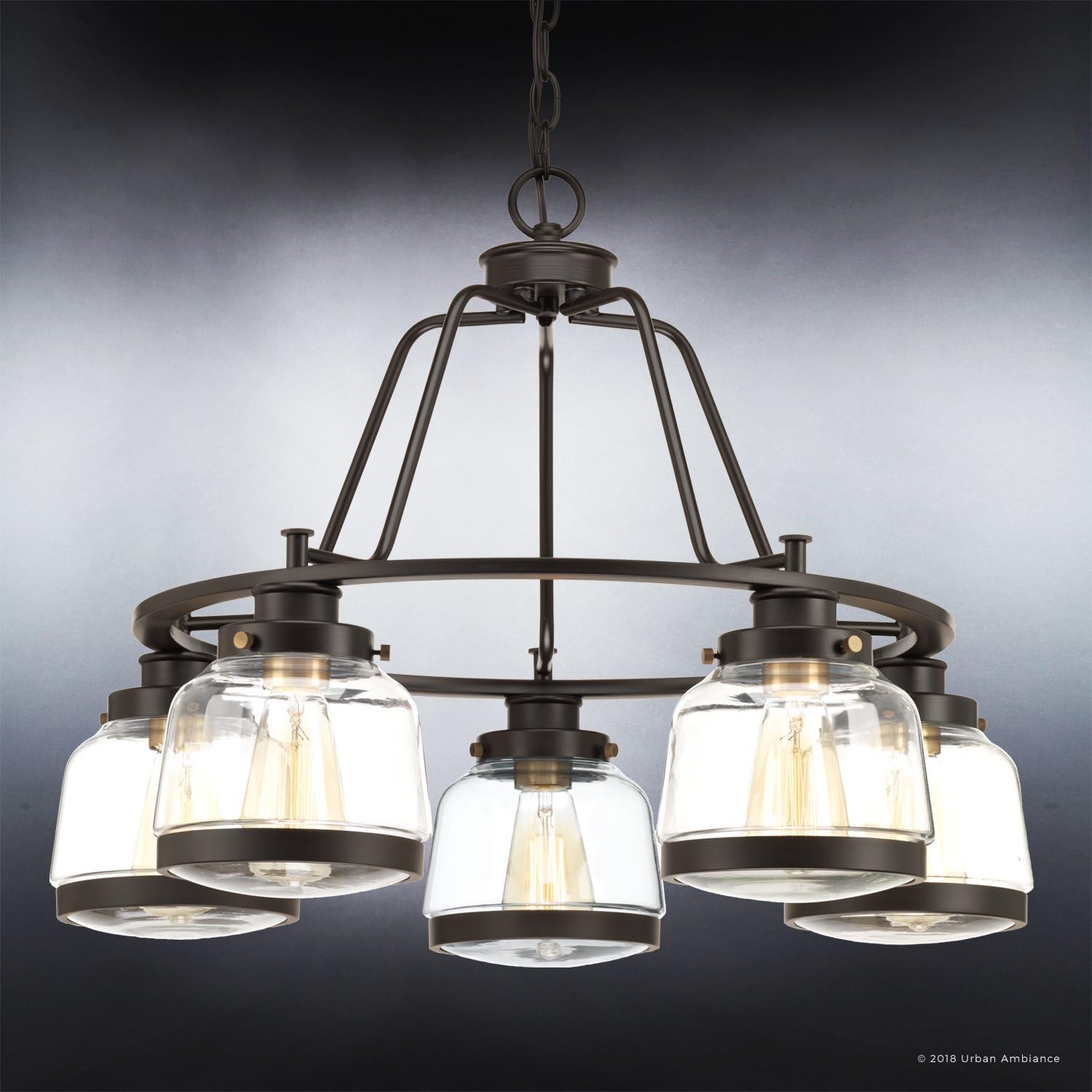 Urban Ambiance Luxury Industrial Chic Chandelier, Large Size: 19.25' H x 26' W, with Art Deco Style Elements, Olde Bronze Finish and Clear Shade, UHP2531, Nottingham Collection
