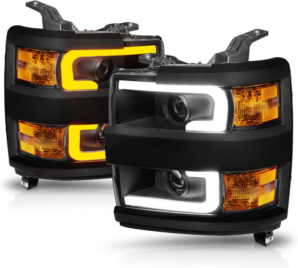 AmeriLite for 2015-2019 Chevy Silverado 2500HD 3500HD Pickup w/Switchback LED Tube All Dark Black Square Projector Headlights Assembly Set - Passenger and Driver Side