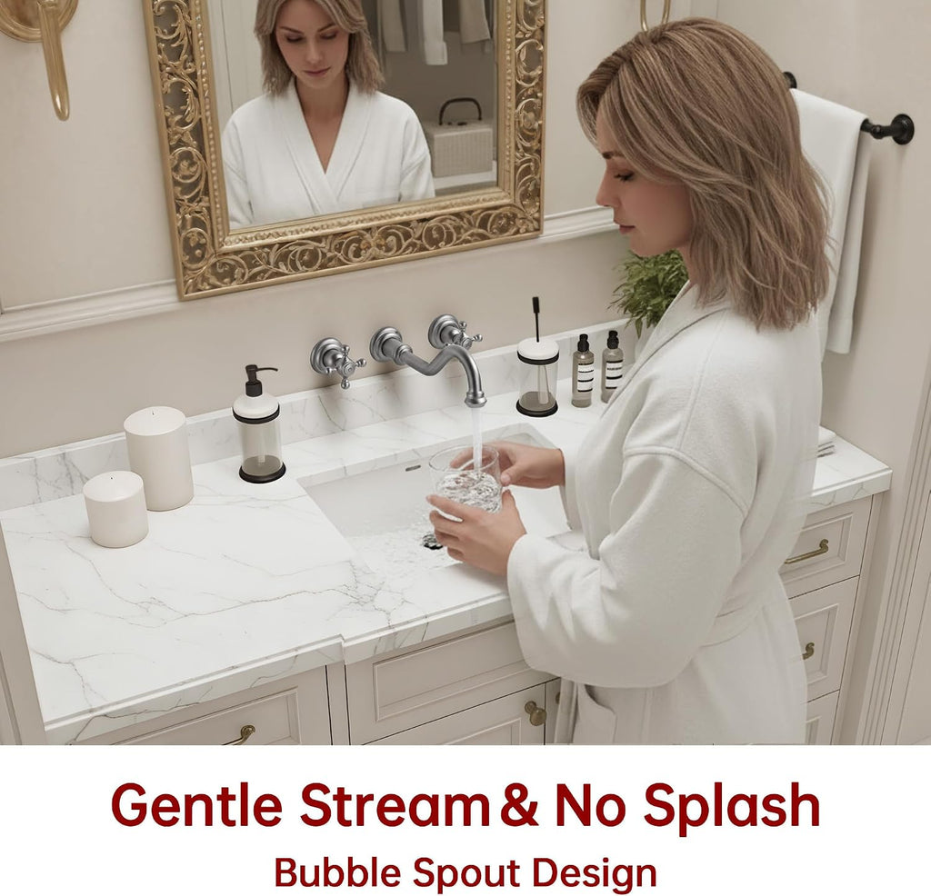 SUMERAIN Traditional Brushed Nickel Wall-Mounted Vessel Faucet, 3 Holes Cross Handles Bathroom Lavatory Sink with Included Rough-in Valve