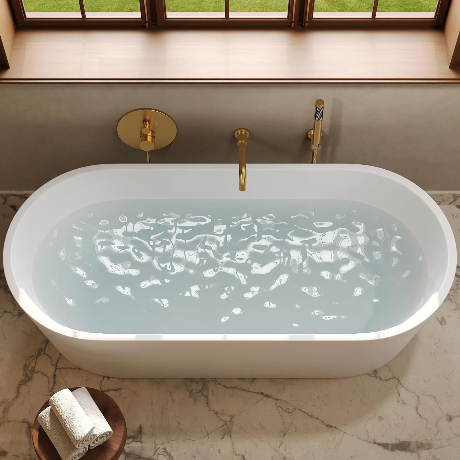 Brushed Gold Wall Mount Bathtub Faucet with Handheld Shower, High Flow Tub Filler, Solid Brass Rough-in Valve Included, Single Handle Bathroom Fixture