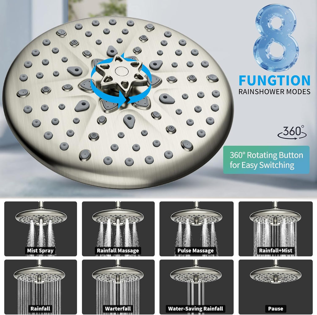 EMBATHER Shower Faucet Sets - Overhead Rain Head Shower System with High Pressure Handheld Complete Combo and Mixer Valve Trim Kit - Brushed Nickel Rainfall Shower Fixture for Luxury Bathroom