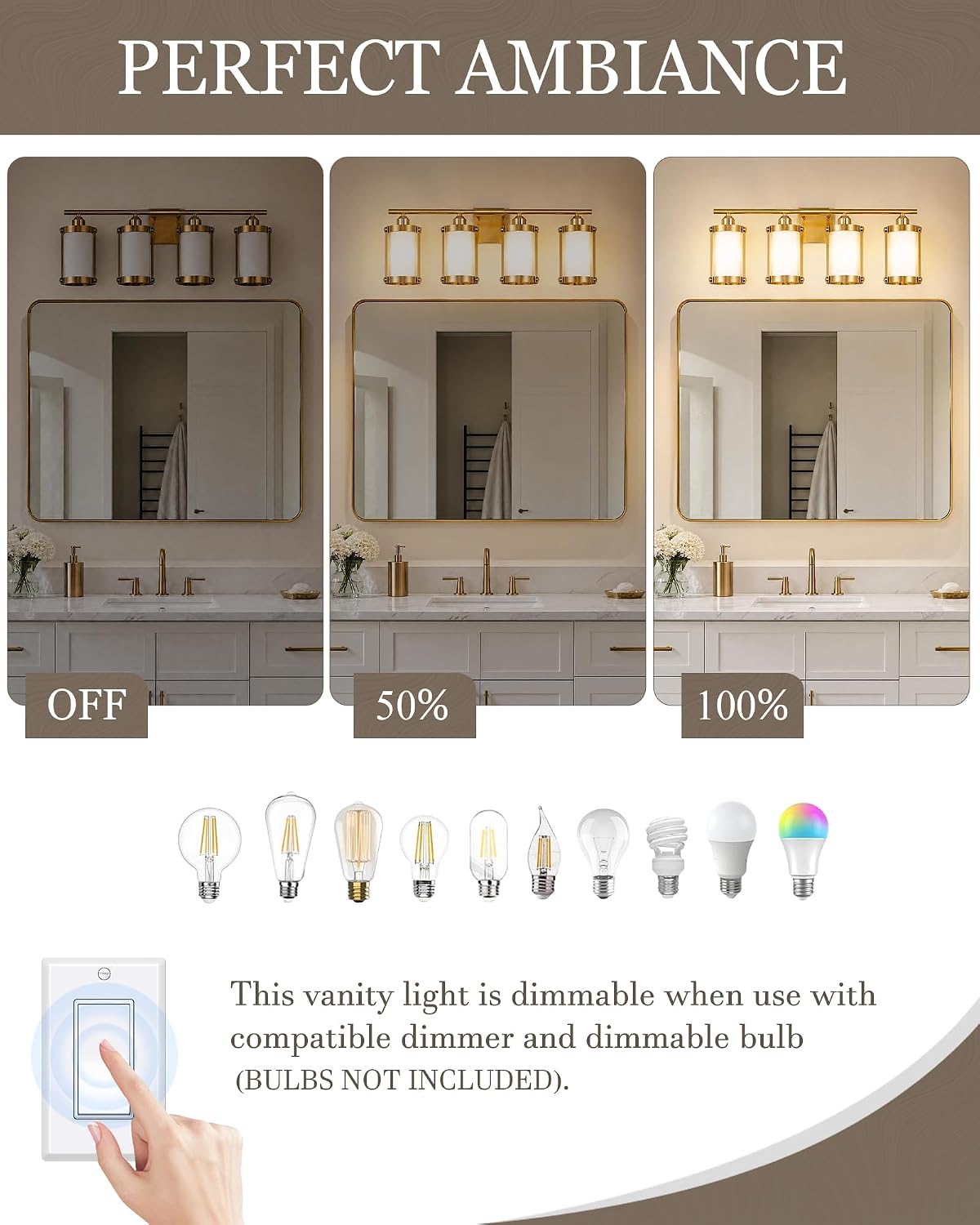 4-Light Brushed Gold Bathroom Light Fixtures with Milk White Frosted Glass, 29' UL-Listed Modern Wall Sconce Over Mirror with Metal Cage for Bath, Hardwire E26, OS-3014BGW-4W