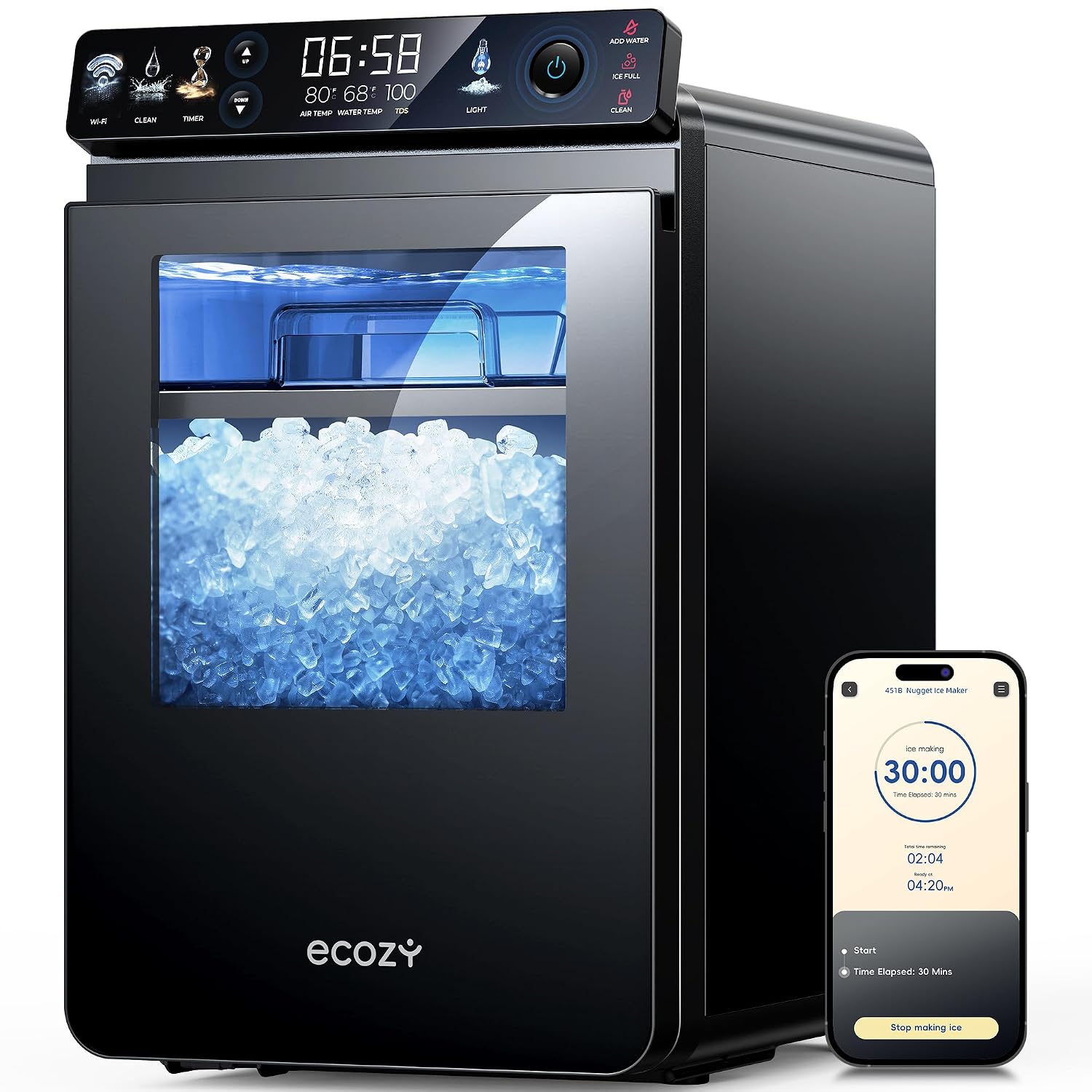 ecozy Nugget Ice Maker Countertop, Smart Pebble Ice Machine with APP Control, 44 lbs Per Day Soft Pellet Chewable Ice with Self-Cleaning, Black