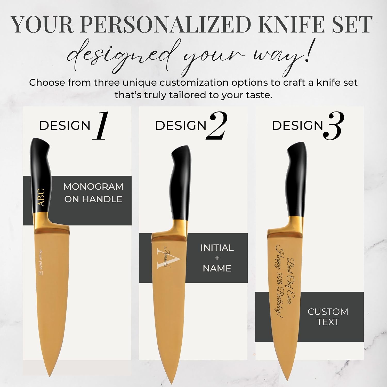 Personalized Black and Gold Knife Set with Block and Sharpener – 14-Piece Custom Engraved Titanium-Coated Gold Knives – Full Tang, Stainless Steel, Ergonomic, Gift-Ready