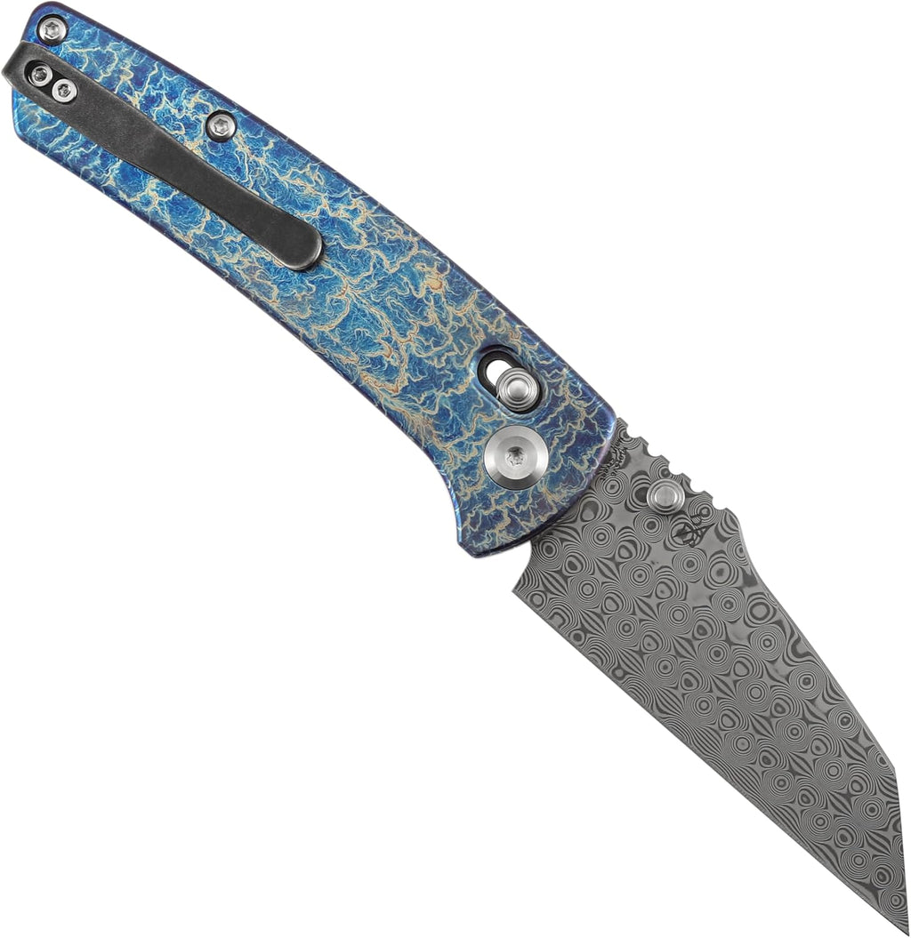 KANSEPT Elite Main Street Pocket Knife, 3.36'' Damascus Tanto Blade, Titanium with Lightning Strike Finish Handle with Thumb Stud,Clip for EDC, Men Gift Camping Survival Folding knives K1015V6