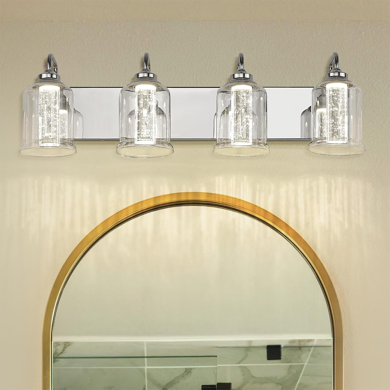 zeyu 4-Light Dimmable Vanity Lighting Fixture, 20W LED Bathroom Vanity Light, Adjustable 3CCT 3000K/4000K/5000K, Chrome Finish with Crystal Bubble and Clear Glass, ZSL72B-4W LED CH-1