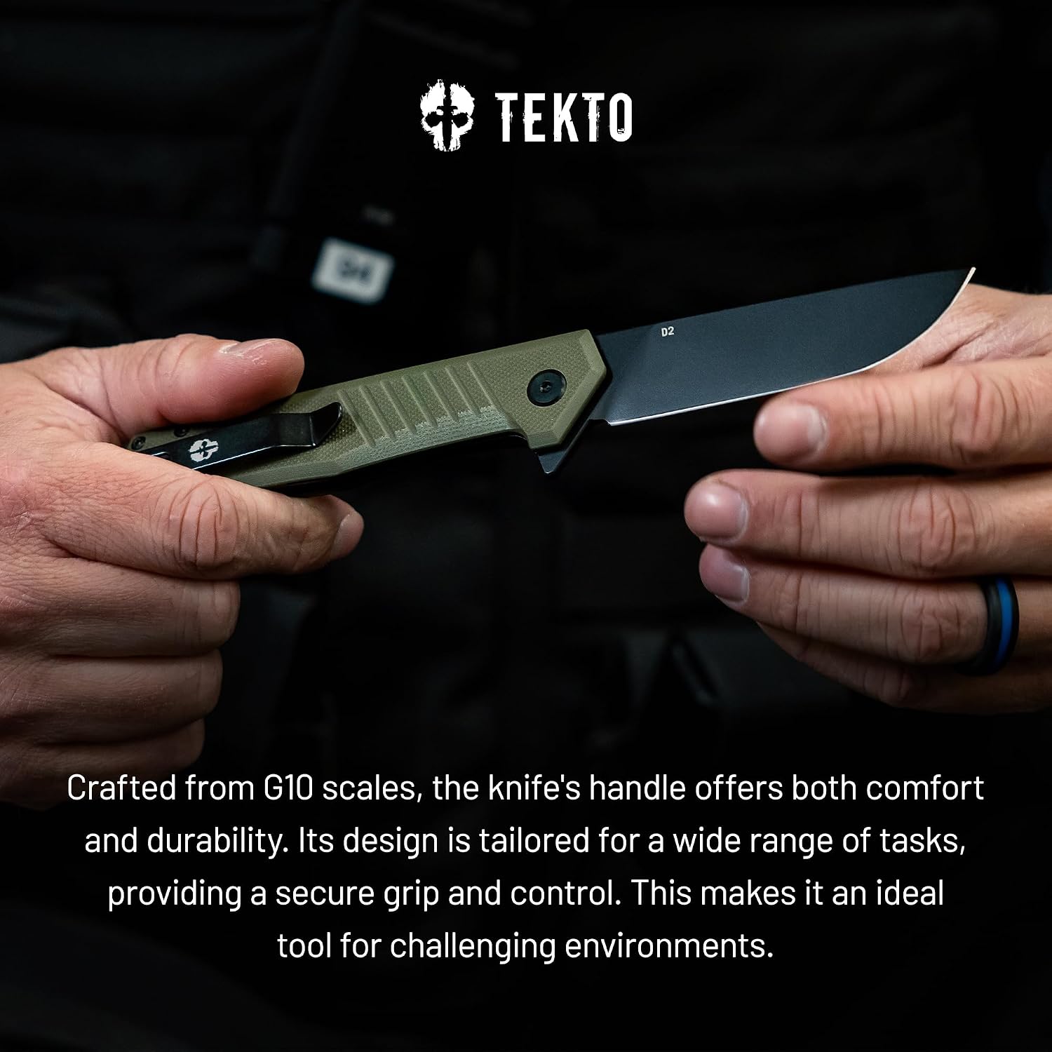 TEKTO F1 Alpha Folding Pocket Knife - Modified Straight Back Blade, Titanium Coated D2 Steel, Tactical Knife, EDC Folding Pocket Knives for Camping, Hunting & Backpacking - G10 OD Green, Black Accents