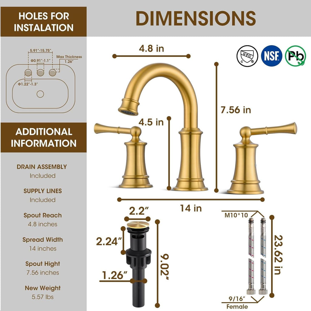 Brushed Gold Bathroom Faucet 8 Inch, Brass Bathroom Faucet, 3 Hole Gold Bathroom Faucet with Pop-Up Drain and 2 Supply Hoses for Vanity, Lavatory, RV Farmhouse (L2304-BG)