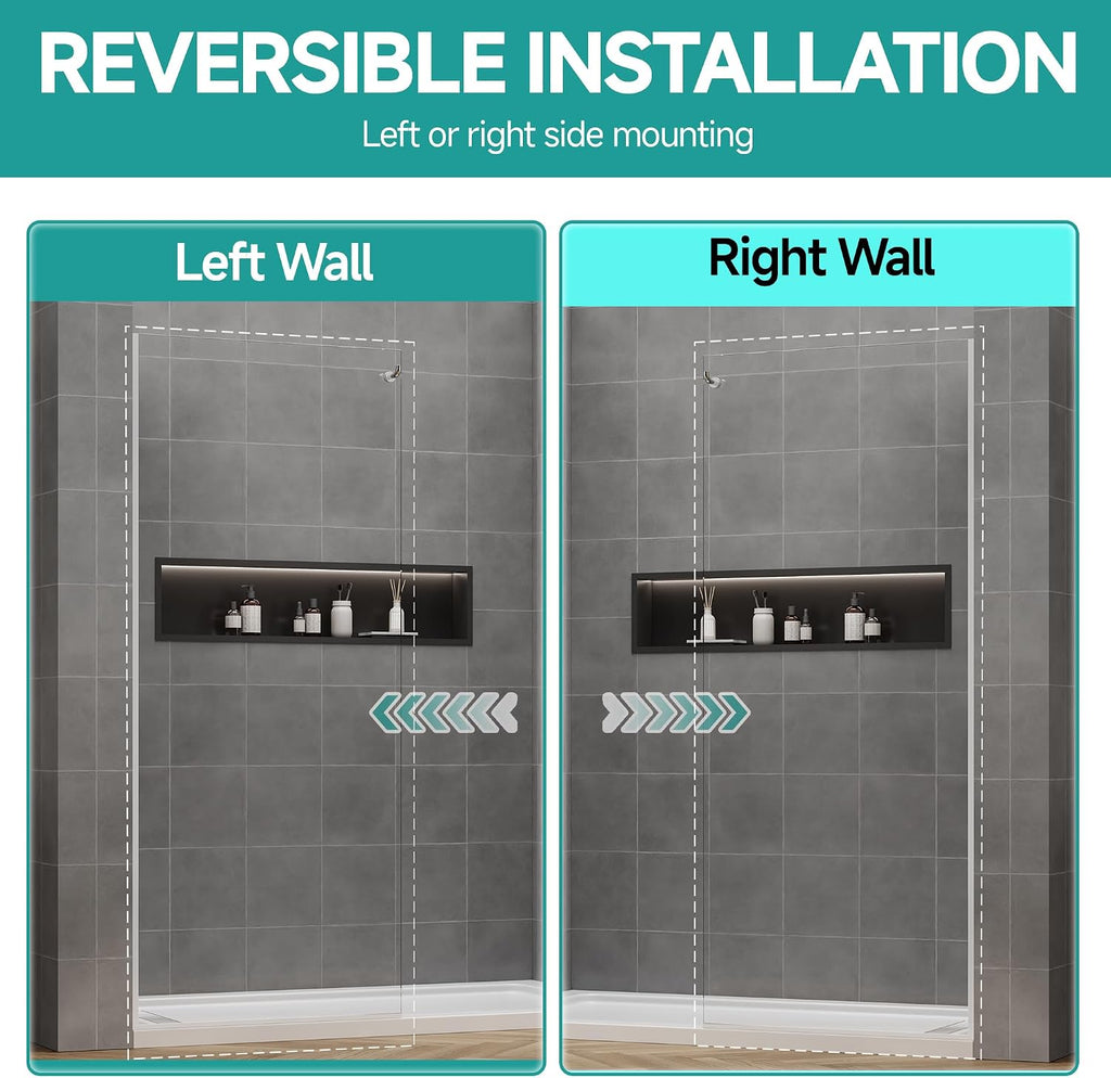 3/8' w/Coat Hook Fixed Shower Glass Panel, 36' W x 76' H, Polished Chrome | Frameless Fixed Shower Screen;Coat Hook;SGCC Tempered Glass;Easy Clean Coating;Aluminum;Single Shower Door