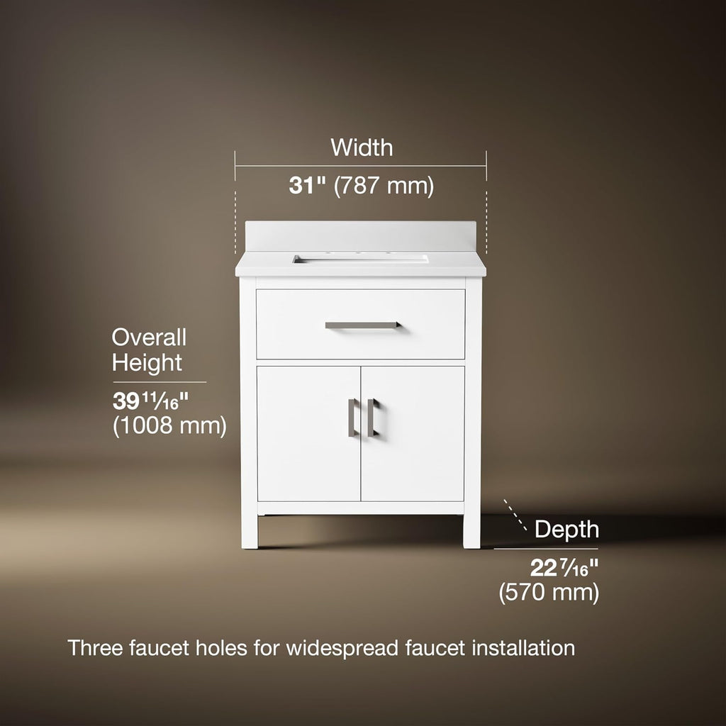 Kohler Kresla 30 Inch Bathroom Vanity Cabinet with White Single Sink and Quartz Top, Modern Bathroom Storage, White