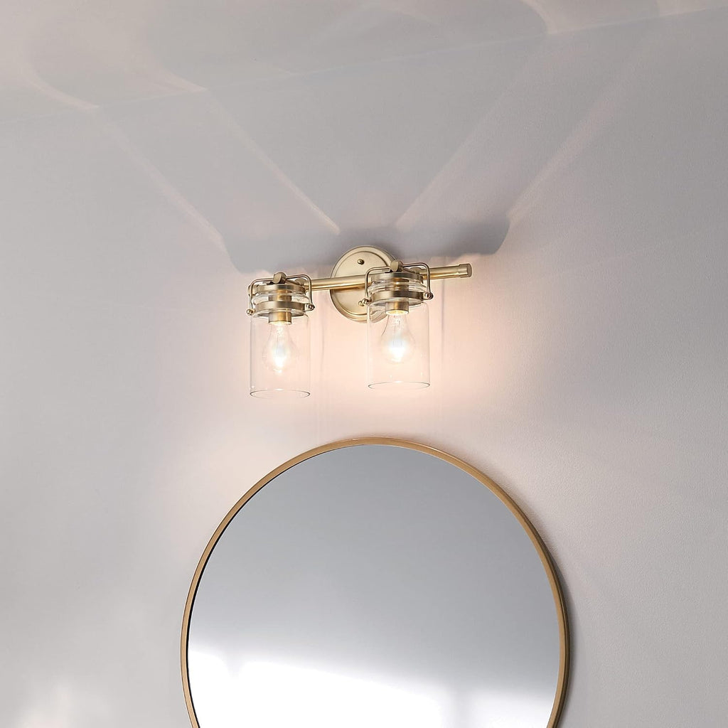 Kichler Brinley 2-Light Bathroom Vanity Light Fixture 15.75 in Industrial Farmhouse with Clear Glass in Champagne Bronze for Mirror Over Sink (15.75 x 10.25 x 6.75 in), 45688CPZ