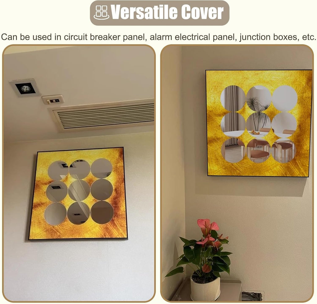 Square Breaker Box Cover with Flip-Top Lid, Decorative Wall Fuse Box Cover for Replacement, Gold Plastic Meter Box Cover with Mirror & Traceless Nails(50x50cm(19 3/4x19 3/4'))
