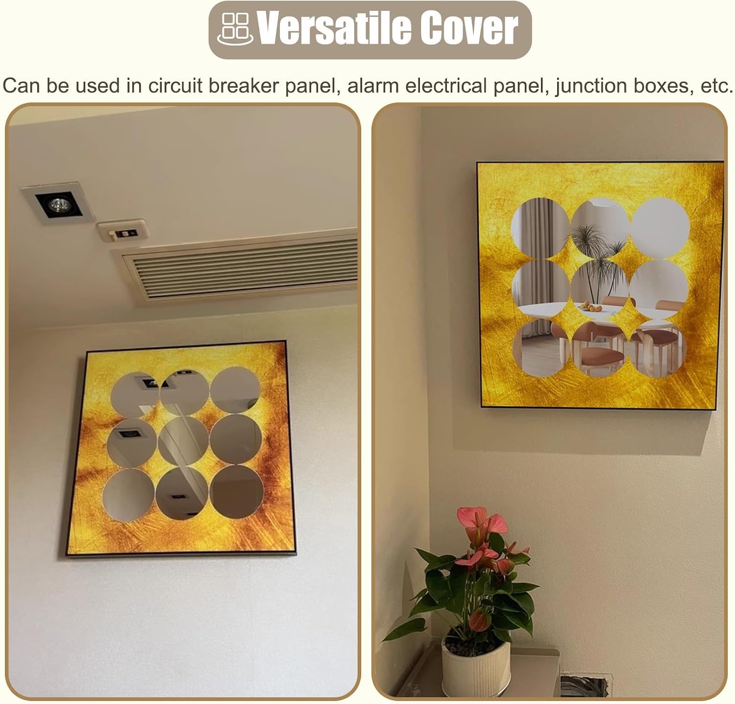 Square Breaker Box Cover with Flip-Top Lid, Decorative Wall Fuse Box Cover for Replacement, Gold Plastic Meter Box Cover with Mirror & Traceless Nails(80x80cm(31 1/2x31 1/2'))