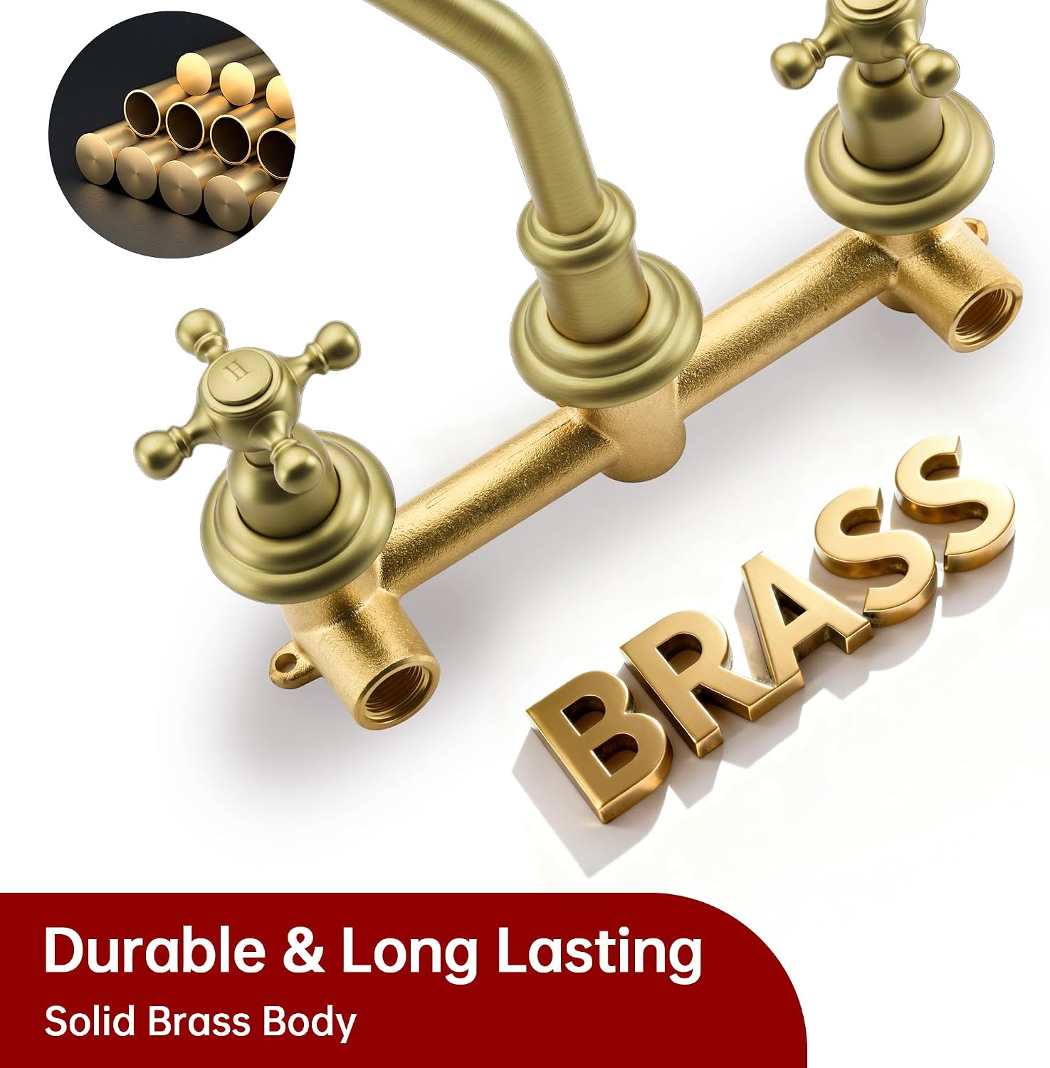 SUMERAIN Brushed Gold Wall Mount Bathroom Sink Faucet,3 Holes Vintage Style Lavatory Basin Faucet with Cross Knobs Included Rough-in Valve