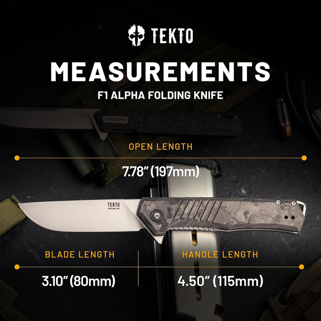 TEKTO F1 Alpha Folding Pocket Knife - Modified Straight Back Blade, Titanium Coated D2 Steel, Tactical Knife, EDC Folding Pocket Knives for Camping & Hunting - Forged Carbon, Silver Titanium Accents