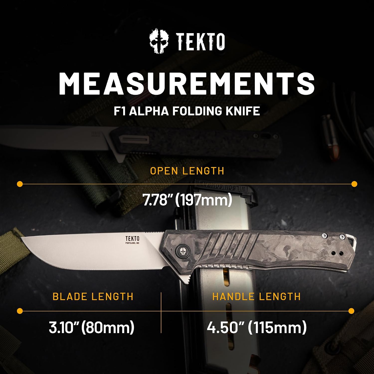 TEKTO F1 Alpha Folding Pocket Knife - Modified Straight Back Blade, Titanium Coated D2 Steel, Tactical Knife, EDC Folding Pocket Knives for Camping & Hunting - Forged Carbon, Silver Titanium Accents