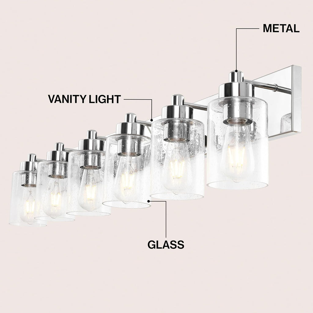 JONATHAN Y 40' Chrome/Clear 6-Light Modern LED Vanity Light for Bathroom Mirror, Mid-Century Wall Sconce with Clear Seeded Glass Shades, Contemporary Iron Fixture, LED Bulbs (JYL7621C)