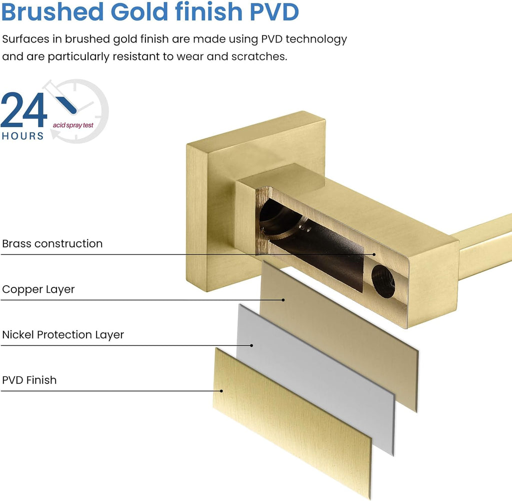 KIBI Cube Bathroom Hardware Set, 5-Piece Accessories Set | 18' Towel Bar, Towel Ring, Toilet Paper Holder, 2 Robe Hooks | Solid Brass Wall Mounted Bathroom Fixtures | Brushed Gold, C-KBA15-5-4