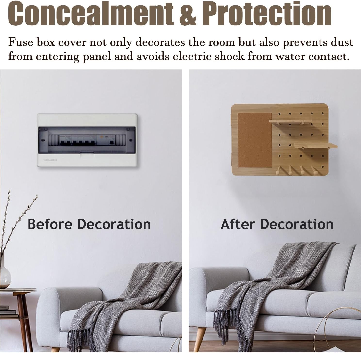 Electrical Panel Cover Electrical Panel Cover with Hook & Shelf, Wood Distribution Cover Hide Breaker Box, Removable Decorative Fuse Box Covers, Hanging Clothing(WXL-50 x 40CM-19.7x15.7)