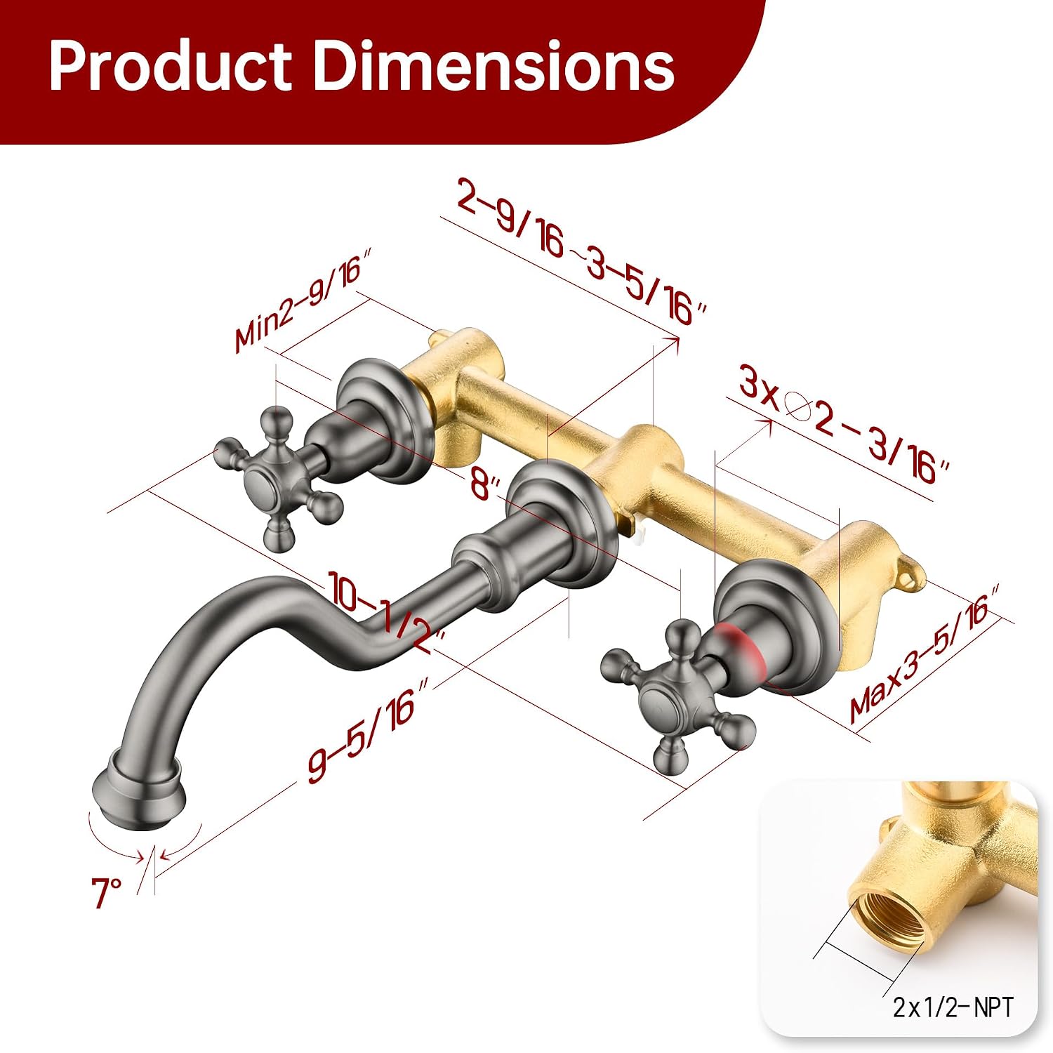 SUMERAIN Traditional Brushed Nickel Wall-Mounted Vessel Faucet, 3 Holes Cross Handles Bathroom Lavatory Sink with Included Rough-in Valve